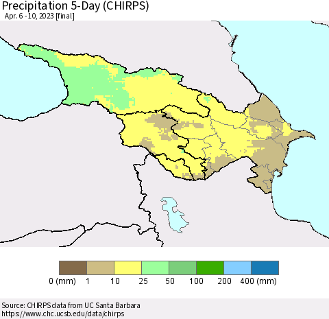 Azerbaijan, Armenia and Georgia Precipitation 5-Day (CHIRPS) Thematic Map For 4/6/2023 - 4/10/2023