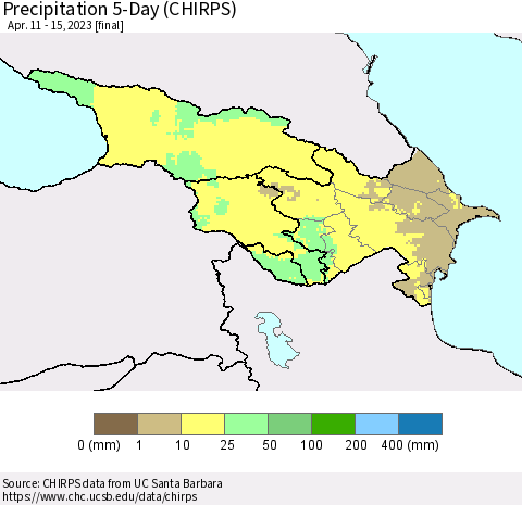 Azerbaijan, Armenia and Georgia Precipitation 5-Day (CHIRPS) Thematic Map For 4/11/2023 - 4/15/2023