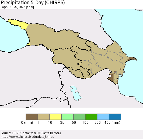 Azerbaijan, Armenia and Georgia Precipitation 5-Day (CHIRPS) Thematic Map For 4/16/2023 - 4/20/2023