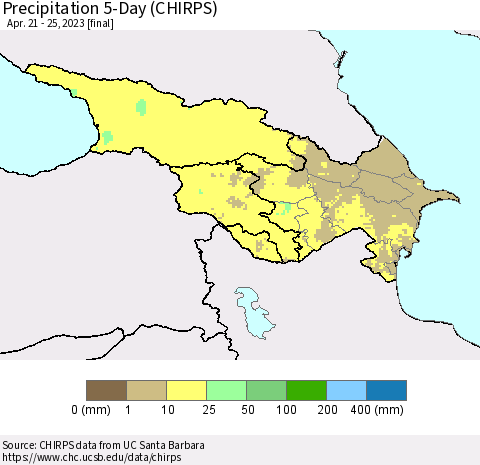 Azerbaijan, Armenia and Georgia Precipitation 5-Day (CHIRPS) Thematic Map For 4/21/2023 - 4/25/2023