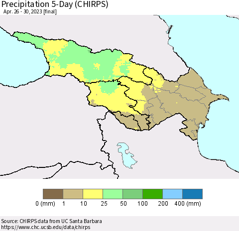 Azerbaijan, Armenia and Georgia Precipitation 5-Day (CHIRPS) Thematic Map For 4/26/2023 - 4/30/2023