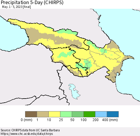 Azerbaijan, Armenia and Georgia Precipitation 5-Day (CHIRPS) Thematic Map For 5/1/2023 - 5/5/2023