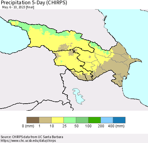 Azerbaijan, Armenia and Georgia Precipitation 5-Day (CHIRPS) Thematic Map For 5/6/2023 - 5/10/2023