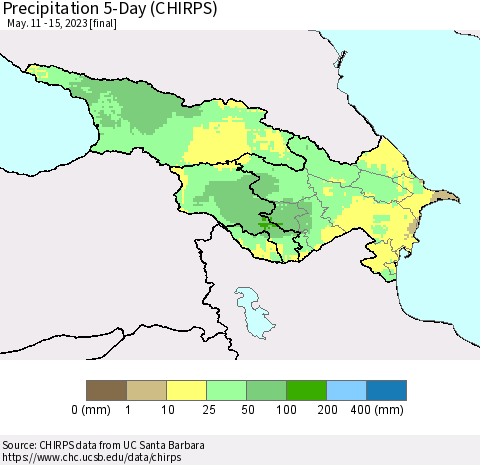 Azerbaijan, Armenia and Georgia Precipitation 5-Day (CHIRPS) Thematic Map For 5/11/2023 - 5/15/2023