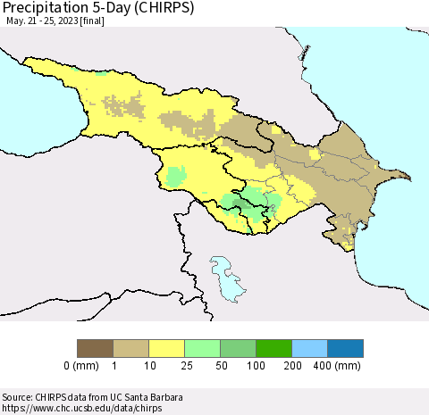 Azerbaijan, Armenia and Georgia Precipitation 5-Day (CHIRPS) Thematic Map For 5/21/2023 - 5/25/2023