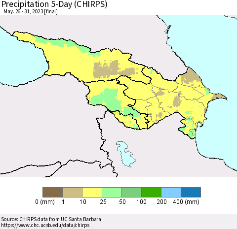Azerbaijan, Armenia and Georgia Precipitation 5-Day (CHIRPS) Thematic Map For 5/26/2023 - 5/31/2023