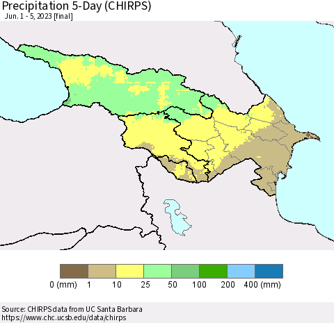 Azerbaijan, Armenia and Georgia Precipitation 5-Day (CHIRPS) Thematic Map For 6/1/2023 - 6/5/2023