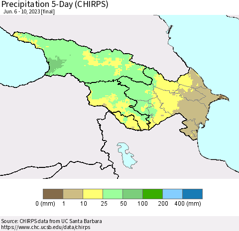 Azerbaijan, Armenia and Georgia Precipitation 5-Day (CHIRPS) Thematic Map For 6/6/2023 - 6/10/2023