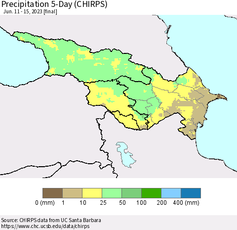 Azerbaijan, Armenia and Georgia Precipitation 5-Day (CHIRPS) Thematic Map For 6/11/2023 - 6/15/2023