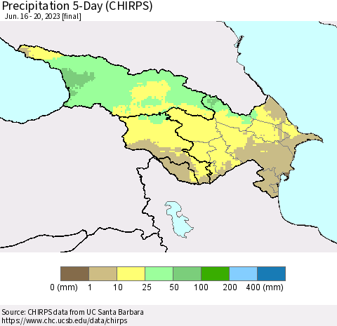 Azerbaijan, Armenia and Georgia Precipitation 5-Day (CHIRPS) Thematic Map For 6/16/2023 - 6/20/2023
