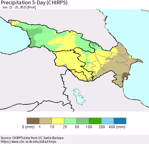 Azerbaijan, Armenia and Georgia Precipitation 5-Day (CHIRPS) Thematic Map For 6/21/2023 - 6/25/2023