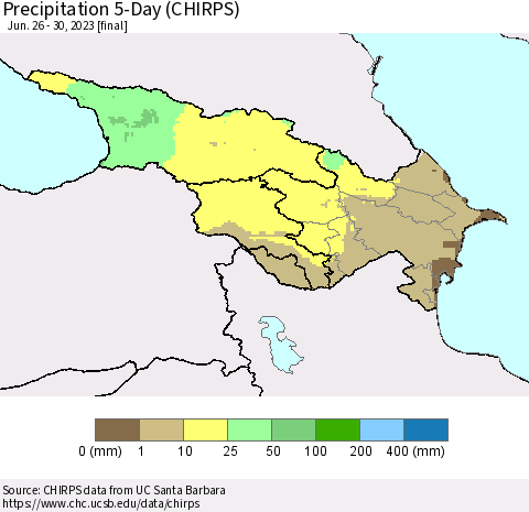Azerbaijan, Armenia and Georgia Precipitation 5-Day (CHIRPS) Thematic Map For 6/26/2023 - 6/30/2023