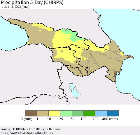 Azerbaijan, Armenia and Georgia Precipitation 5-Day (CHIRPS) Thematic Map For 7/1/2023 - 7/5/2023
