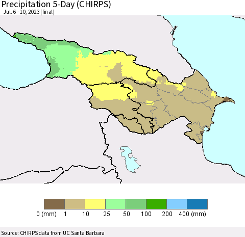 Azerbaijan, Armenia and Georgia Precipitation 5-Day (CHIRPS) Thematic Map For 7/6/2023 - 7/10/2023