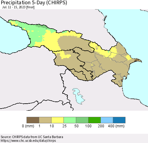 Azerbaijan, Armenia and Georgia Precipitation 5-Day (CHIRPS) Thematic Map For 7/11/2023 - 7/15/2023
