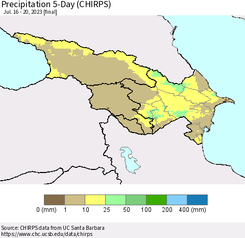 Azerbaijan, Armenia and Georgia Precipitation 5-Day (CHIRPS) Thematic Map For 7/16/2023 - 7/20/2023
