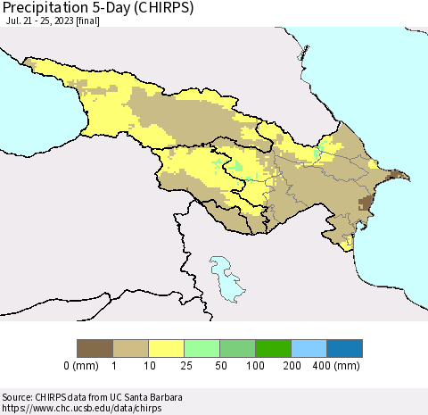 Azerbaijan, Armenia and Georgia Precipitation 5-Day (CHIRPS) Thematic Map For 7/21/2023 - 7/25/2023