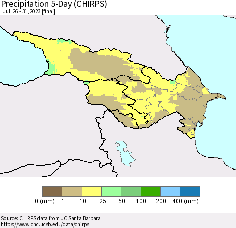 Azerbaijan, Armenia and Georgia Precipitation 5-Day (CHIRPS) Thematic Map For 7/26/2023 - 7/31/2023
