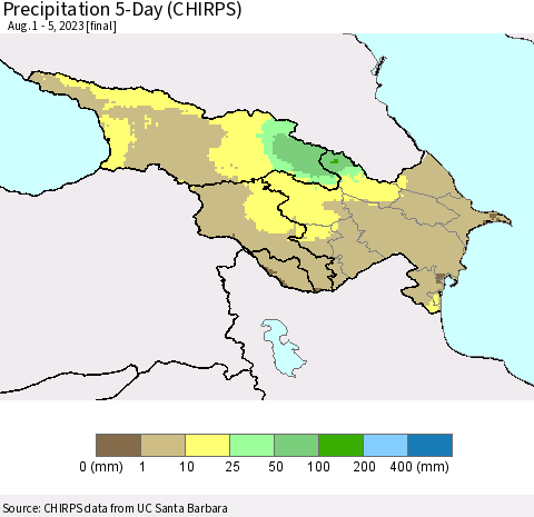 Azerbaijan, Armenia and Georgia Precipitation 5-Day (CHIRPS) Thematic Map For 8/1/2023 - 8/5/2023