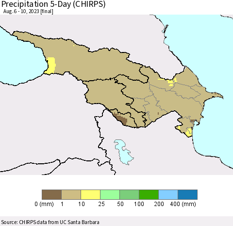 Azerbaijan, Armenia and Georgia Precipitation 5-Day (CHIRPS) Thematic Map For 8/6/2023 - 8/10/2023