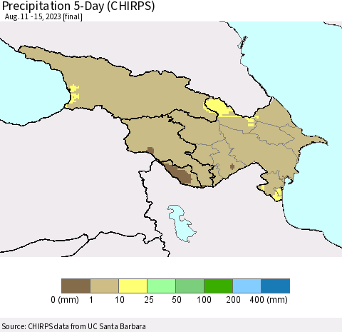 Azerbaijan, Armenia and Georgia Precipitation 5-Day (CHIRPS) Thematic Map For 8/11/2023 - 8/15/2023
