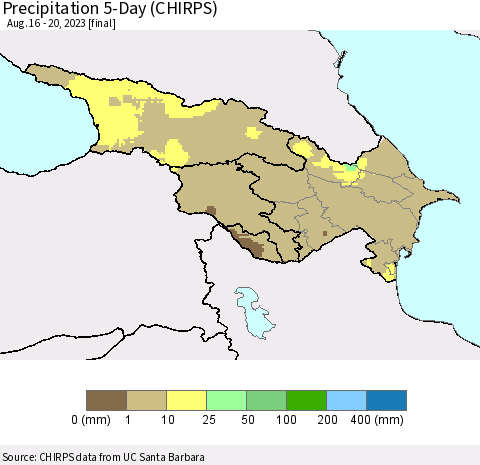 Azerbaijan, Armenia and Georgia Precipitation 5-Day (CHIRPS) Thematic Map For 8/16/2023 - 8/20/2023