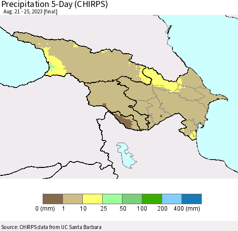 Azerbaijan, Armenia and Georgia Precipitation 5-Day (CHIRPS) Thematic Map For 8/21/2023 - 8/25/2023