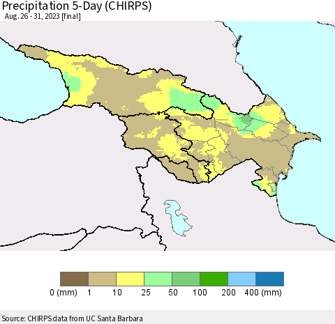 Azerbaijan, Armenia and Georgia Precipitation 5-Day (CHIRPS) Thematic Map For 8/26/2023 - 8/31/2023