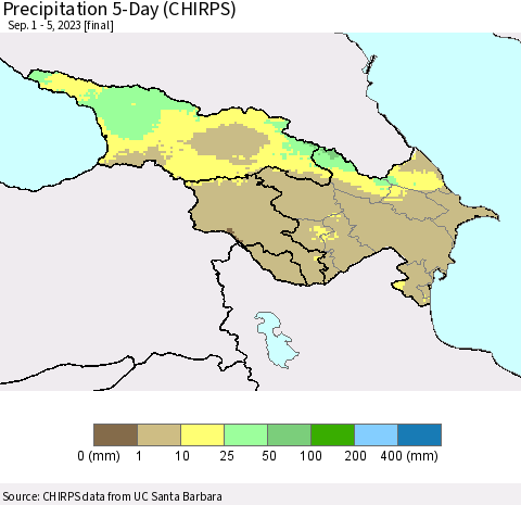Azerbaijan, Armenia and Georgia Precipitation 5-Day (CHIRPS) Thematic Map For 9/1/2023 - 9/5/2023