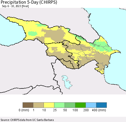 Azerbaijan, Armenia and Georgia Precipitation 5-Day (CHIRPS) Thematic Map For 9/6/2023 - 9/10/2023