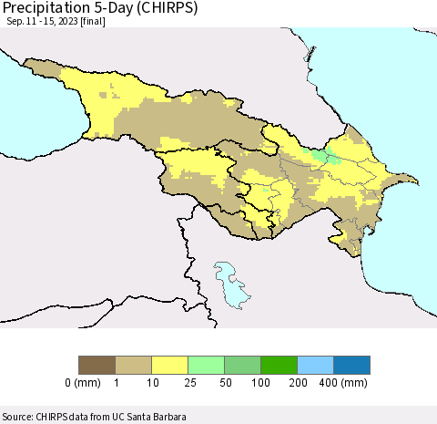 Azerbaijan, Armenia and Georgia Precipitation 5-Day (CHIRPS) Thematic Map For 9/11/2023 - 9/15/2023