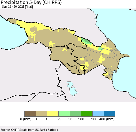 Azerbaijan, Armenia and Georgia Precipitation 5-Day (CHIRPS) Thematic Map For 9/16/2023 - 9/20/2023