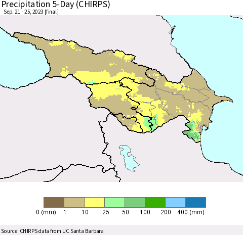 Azerbaijan, Armenia and Georgia Precipitation 5-Day (CHIRPS) Thematic Map For 9/21/2023 - 9/25/2023