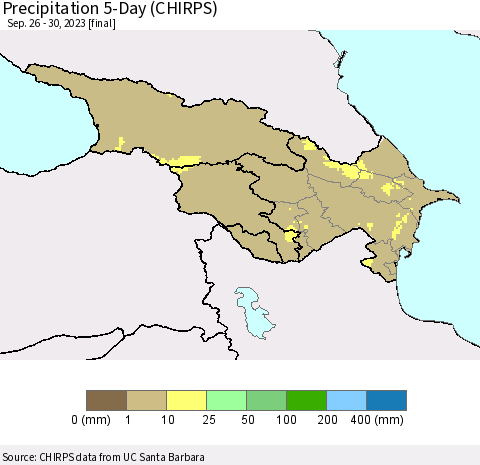 Azerbaijan, Armenia and Georgia Precipitation 5-Day (CHIRPS) Thematic Map For 9/26/2023 - 9/30/2023