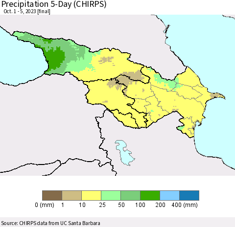 Azerbaijan, Armenia and Georgia Precipitation 5-Day (CHIRPS) Thematic Map For 10/1/2023 - 10/5/2023