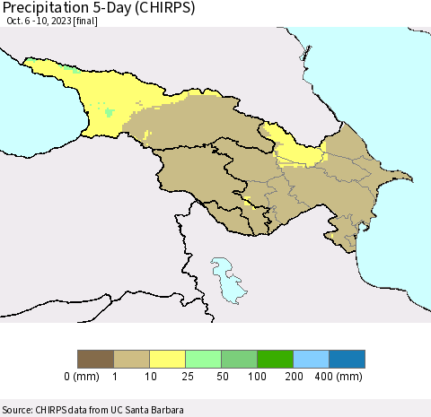 Azerbaijan, Armenia and Georgia Precipitation 5-Day (CHIRPS) Thematic Map For 10/6/2023 - 10/10/2023
