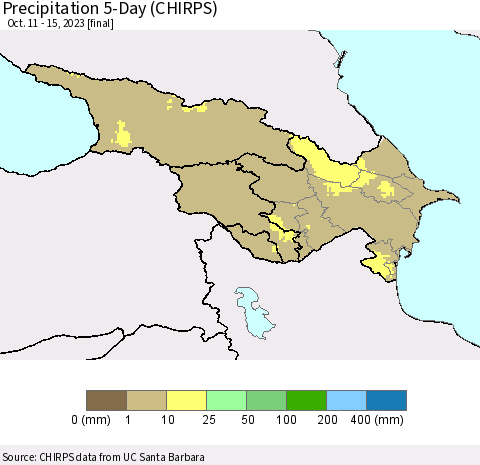 Azerbaijan, Armenia and Georgia Precipitation 5-Day (CHIRPS) Thematic Map For 10/11/2023 - 10/15/2023