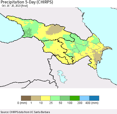 Azerbaijan, Armenia and Georgia Precipitation 5-Day (CHIRPS) Thematic Map For 10/16/2023 - 10/20/2023