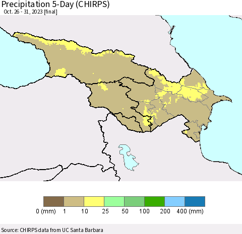 Azerbaijan, Armenia and Georgia Precipitation 5-Day (CHIRPS) Thematic Map For 10/26/2023 - 10/31/2023