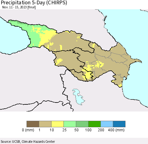 Azerbaijan, Armenia and Georgia Precipitation 5-Day (CHIRPS) Thematic Map For 11/11/2023 - 11/15/2023