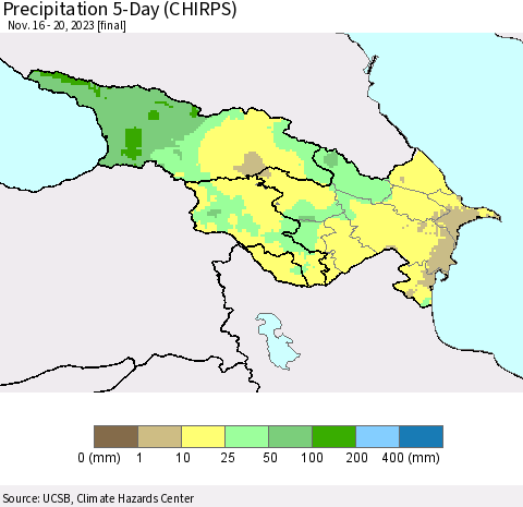 Azerbaijan, Armenia and Georgia Precipitation 5-Day (CHIRPS) Thematic Map For 11/16/2023 - 11/20/2023
