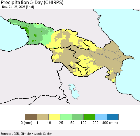 Azerbaijan, Armenia and Georgia Precipitation 5-Day (CHIRPS) Thematic Map For 11/21/2023 - 11/25/2023