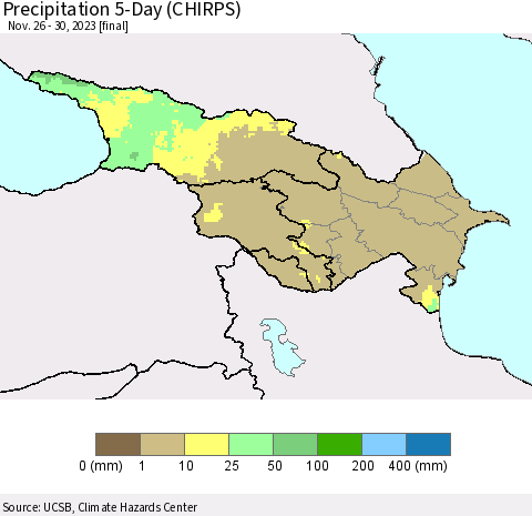 Azerbaijan, Armenia and Georgia Precipitation 5-Day (CHIRPS) Thematic Map For 11/26/2023 - 11/30/2023