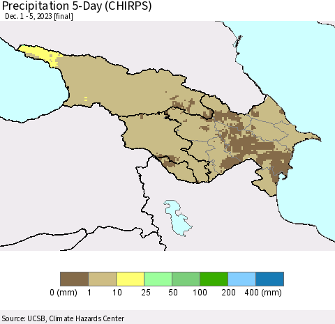 Azerbaijan, Armenia and Georgia Precipitation 5-Day (CHIRPS) Thematic Map For 12/1/2023 - 12/5/2023