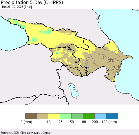 Azerbaijan, Armenia and Georgia Precipitation 5-Day (CHIRPS) Thematic Map For 12/6/2023 - 12/10/2023