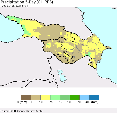 Azerbaijan, Armenia and Georgia Precipitation 5-Day (CHIRPS) Thematic Map For 12/11/2023 - 12/15/2023
