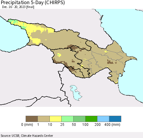 Azerbaijan, Armenia and Georgia Precipitation 5-Day (CHIRPS) Thematic Map For 12/16/2023 - 12/20/2023