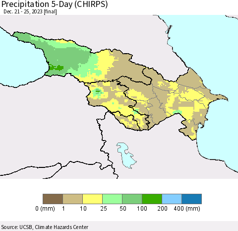 Azerbaijan, Armenia and Georgia Precipitation 5-Day (CHIRPS) Thematic Map For 12/21/2023 - 12/25/2023