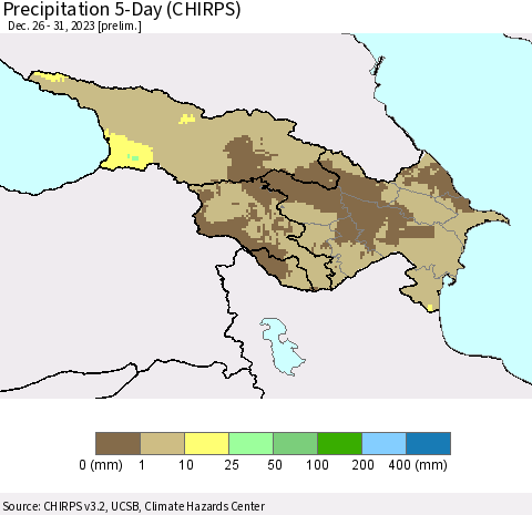 Azerbaijan, Armenia and Georgia Precipitation 5-Day (CHIRPS) Thematic Map For 12/26/2023 - 12/31/2023