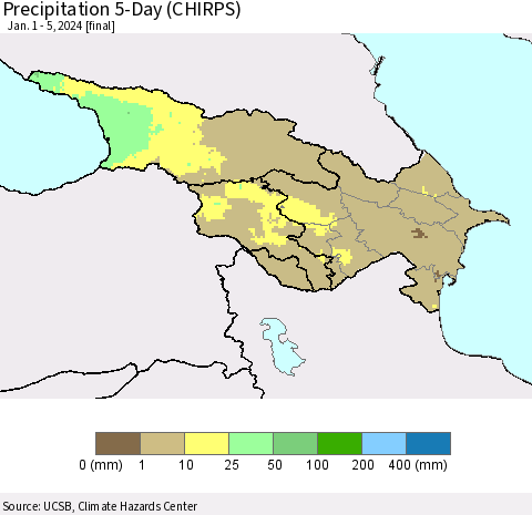 Azerbaijan, Armenia and Georgia Precipitation 5-Day (CHIRPS) Thematic Map For 1/1/2024 - 1/5/2024